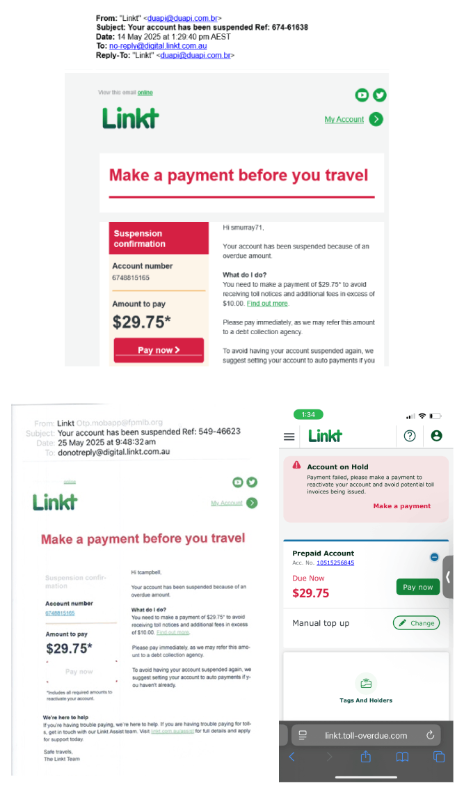 Display of a fake email showing a warning to make a toll payment that is a scam