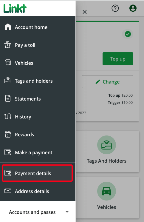 Expanded menu showing Payment details highlighted