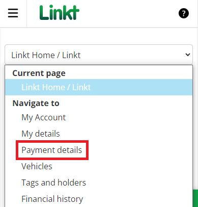 Expanded menu showing Payment details highlighted