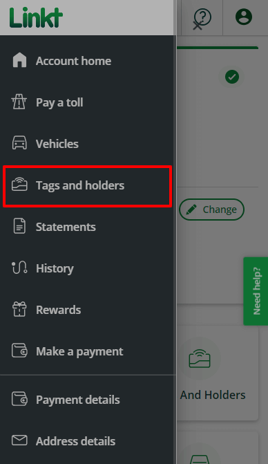 My Account menu, Tags and holders highlighted